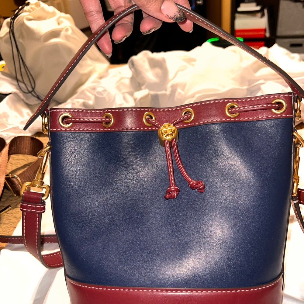 Tory Burch Leather Drawstring Bucket Crossbody